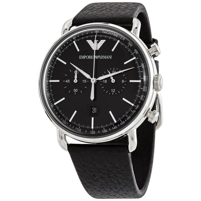 Emporio Armani Aviator Chronograph Black Dial Black Leather Strap Watch For Men - AR11143 - Image 9